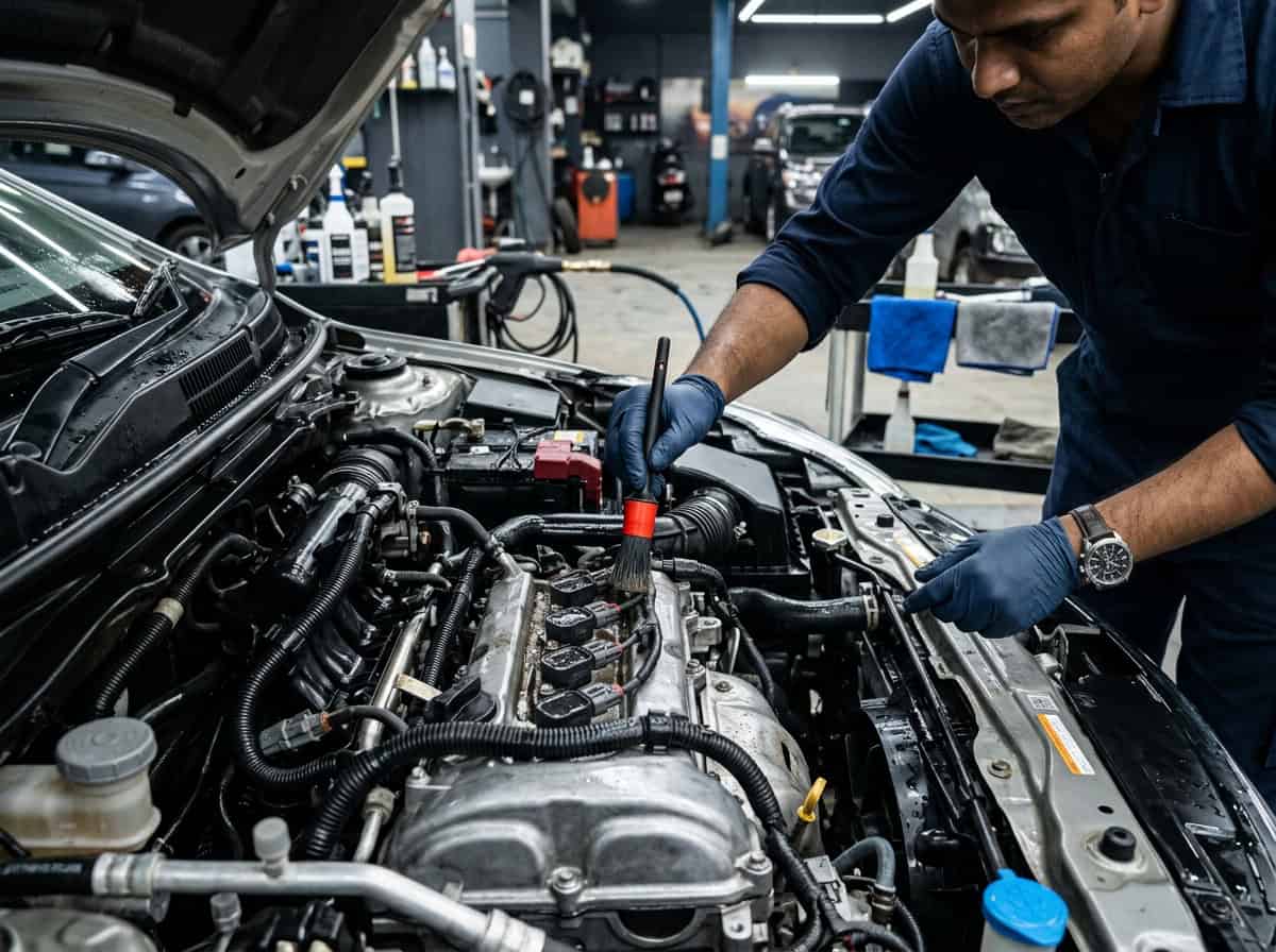 A car engine bay with battery terminals and intake area covered before cleaning