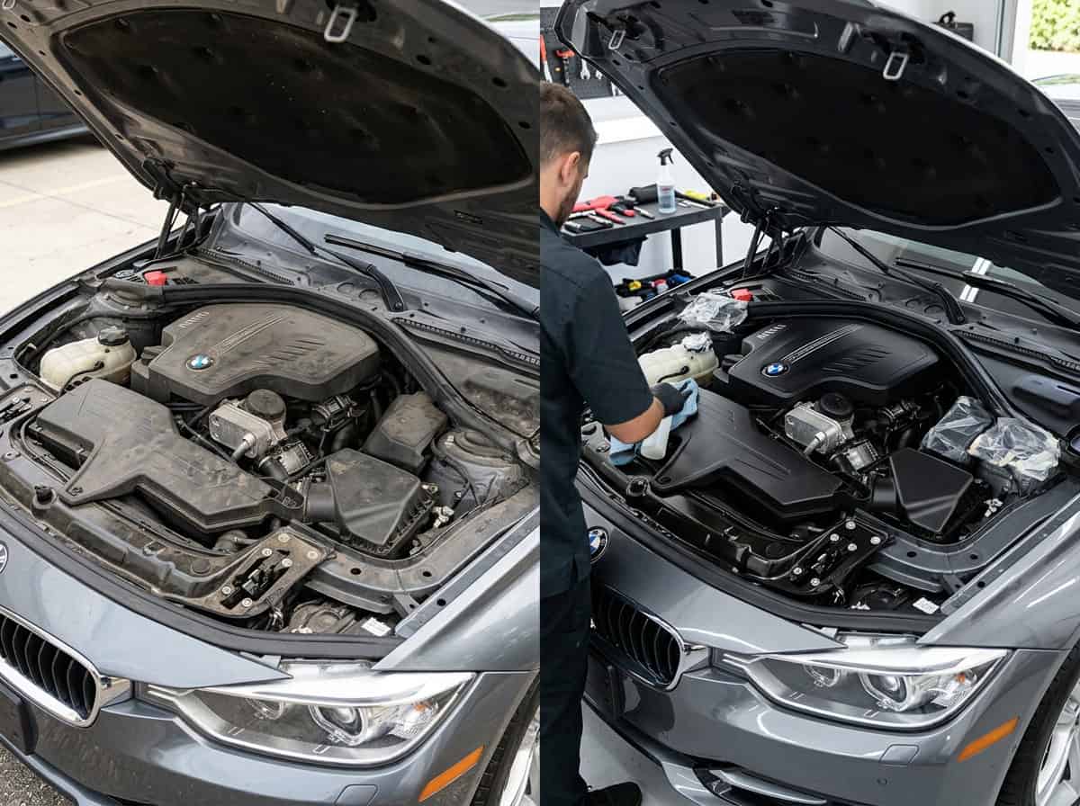 Detailing brushes, microfiber towels, spray bottle, and engine dressing arranged beside an open bonnet