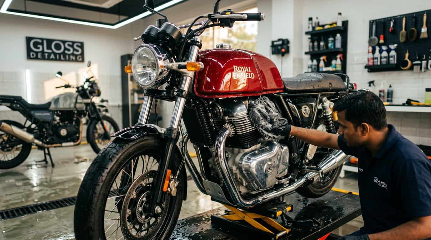 A clean motorcycle being washed carefully at home with soft tools and controlled water flow