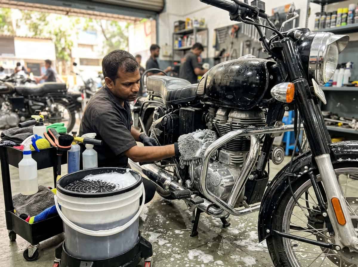 A commuter motorcycle being pre-rinsed gently at home with bucket wash tools nearby