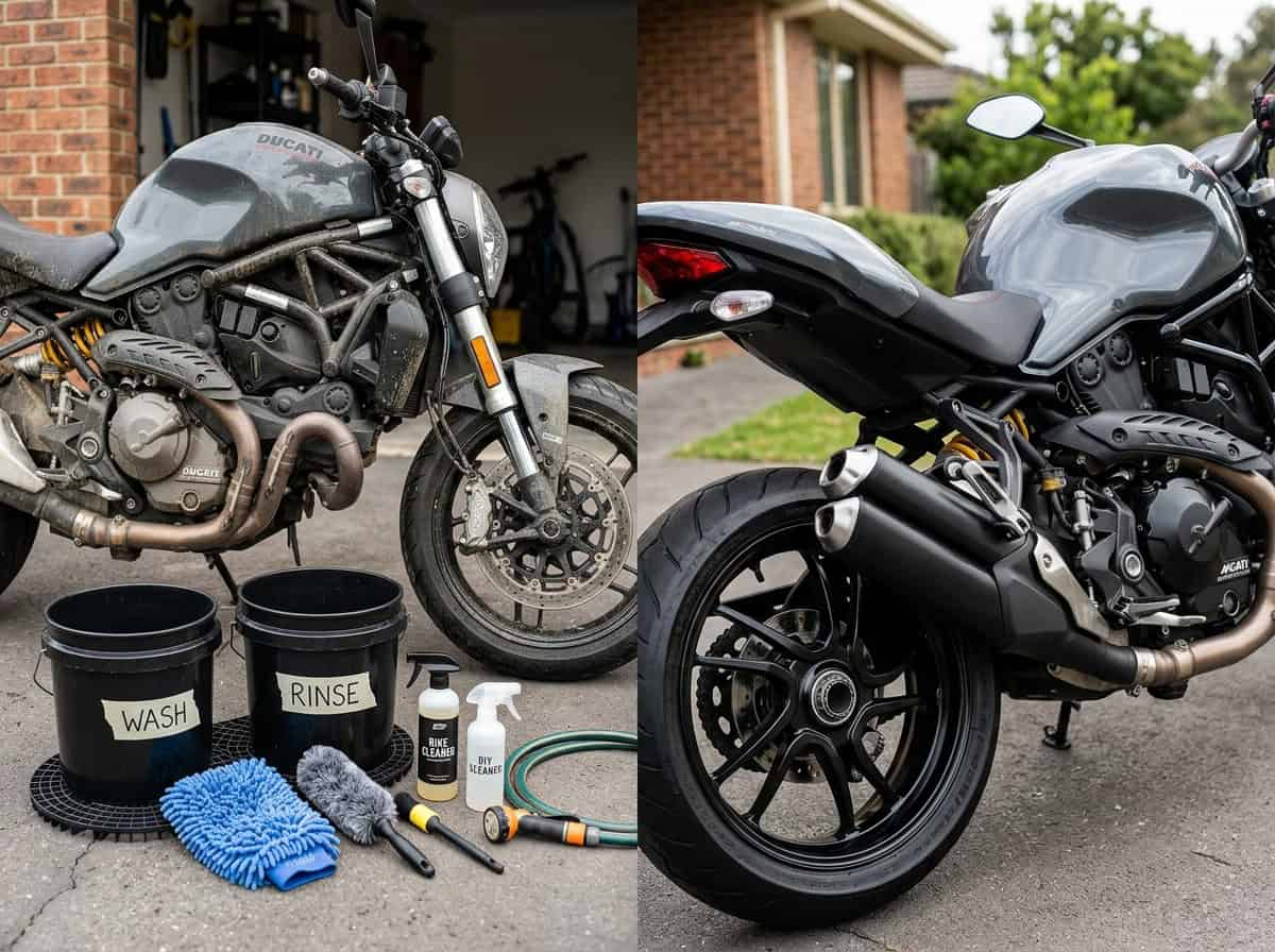 A motorcycle chain being cleaned carefully with a brush and then lubricated after drying