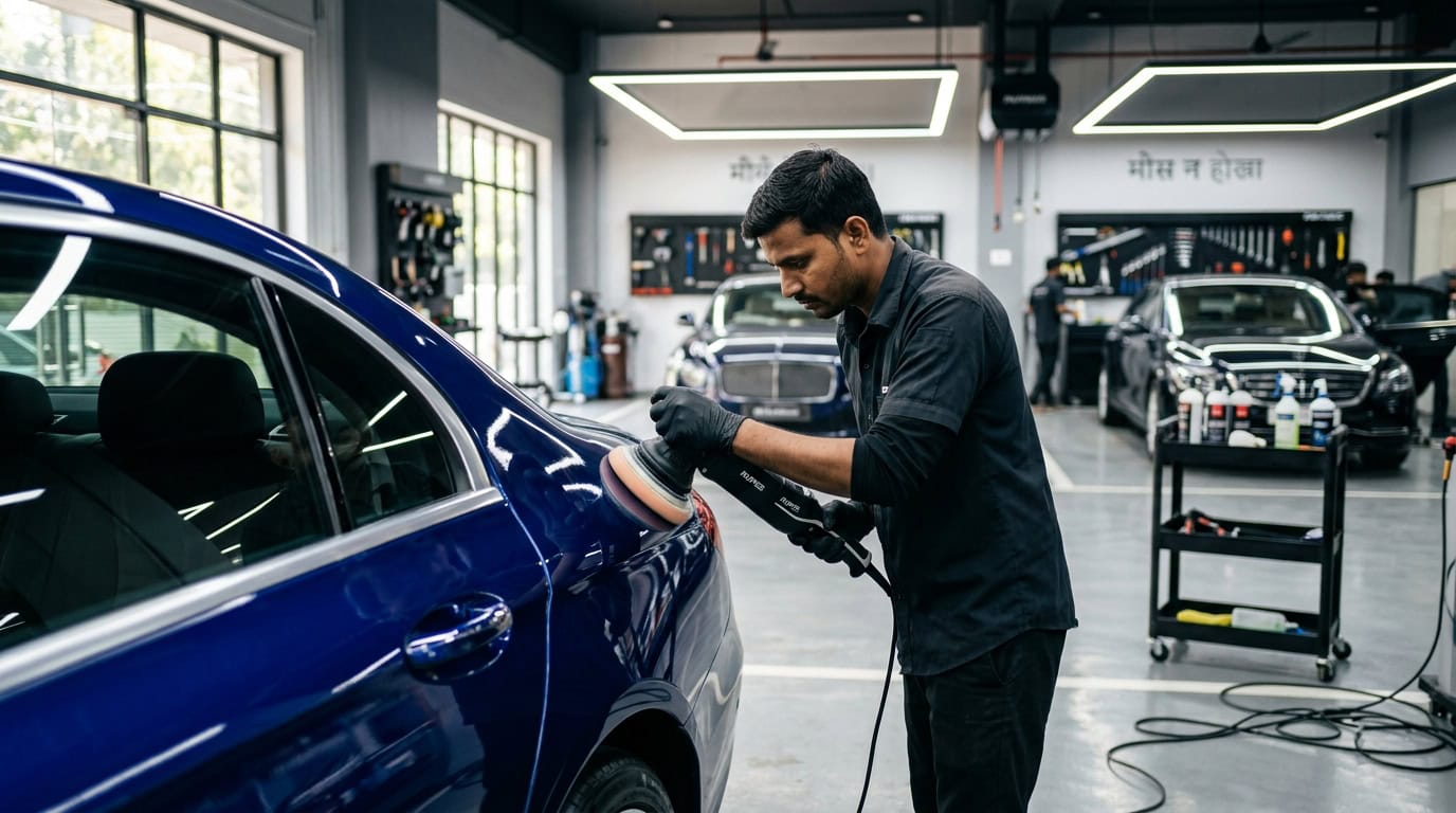 A professionally detailed car with glossy paint, clean tyres, and a spotless interior