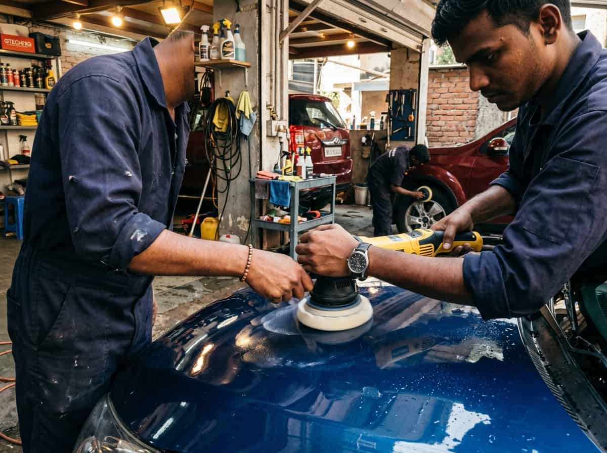 A side-by-side view of a dusty car and a professionally detailed glossy car in workshop lighting