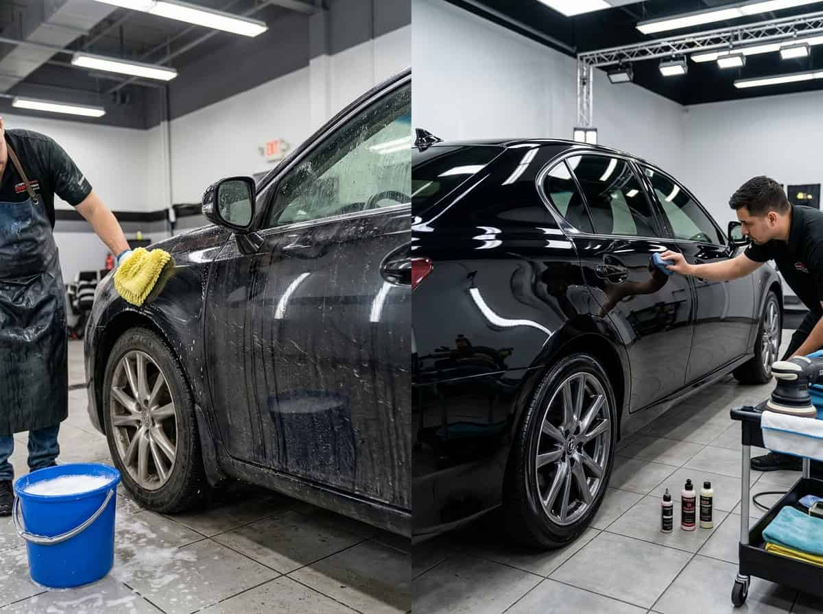 Detailing tools like polisher, brushes, microfiber towels, and interior cleaners laid out beside a car