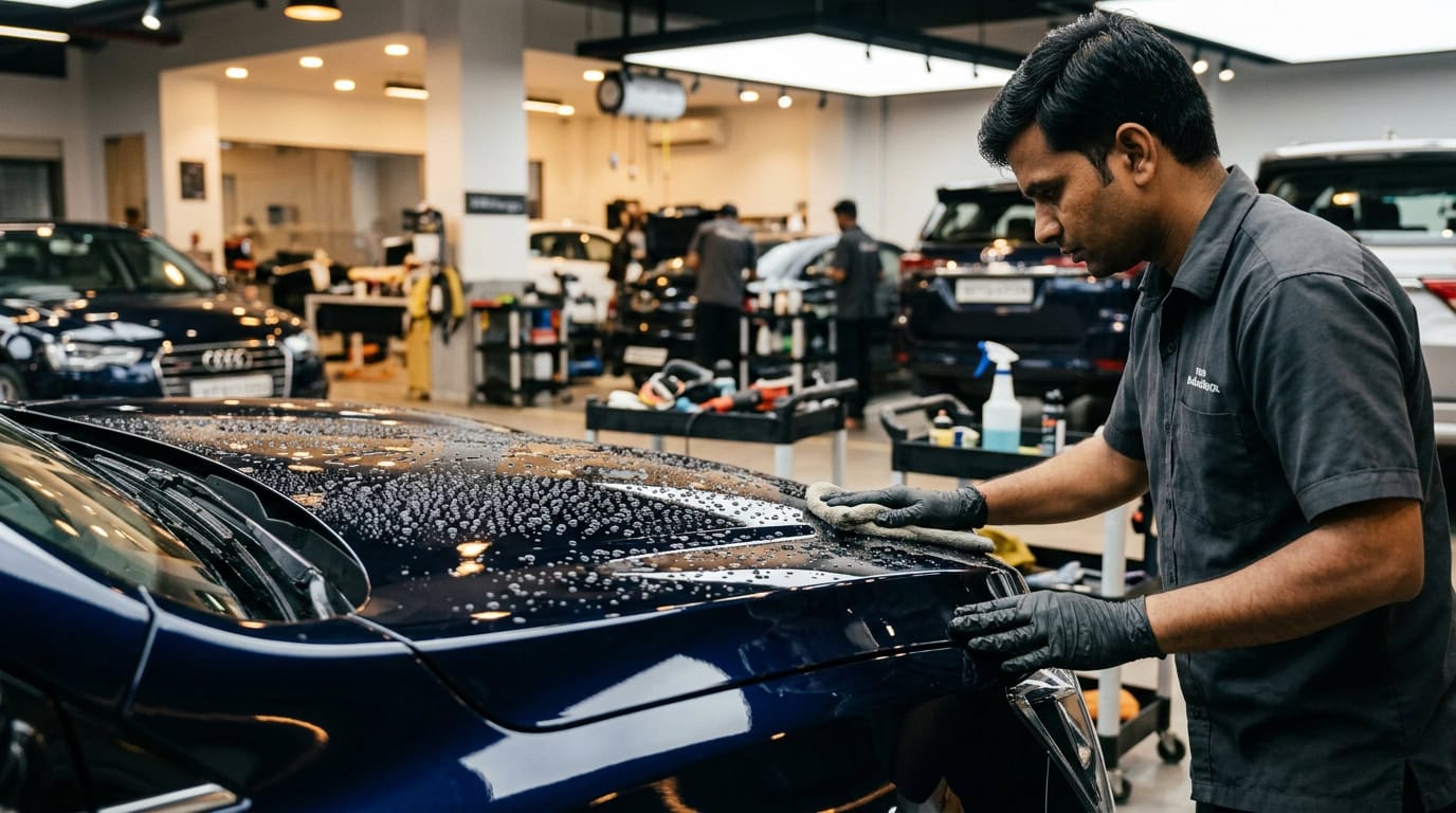 A water droplet beading tightly on a car surface, illustrating surface tension