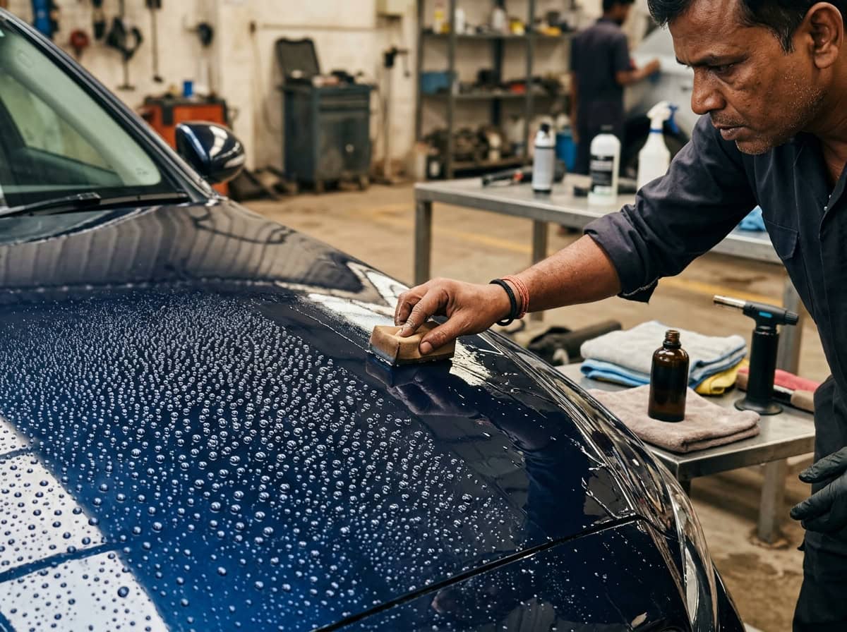 Close-up of spherical water droplets sitting on a polished car bonnet