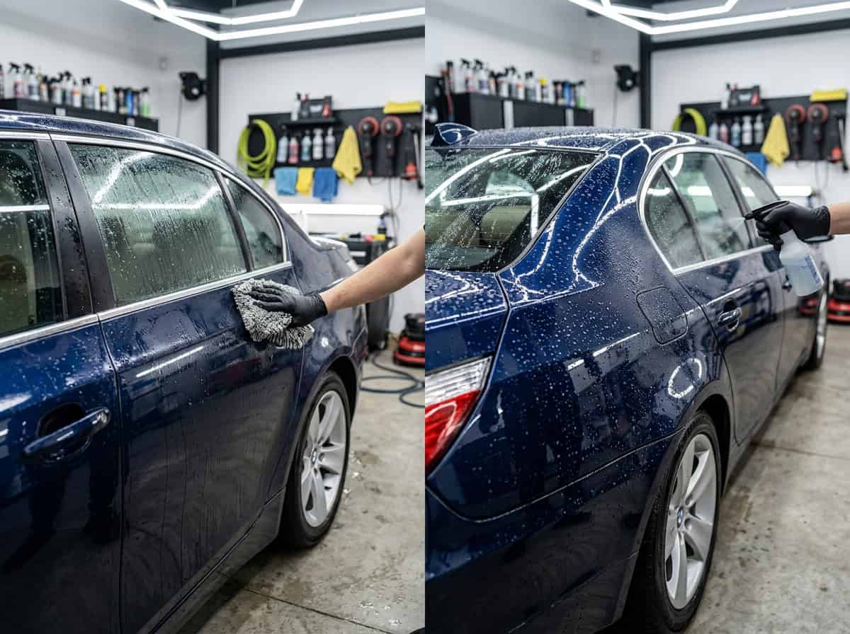 Foamy car shampoo spreading evenly across a painted car panel during a wash