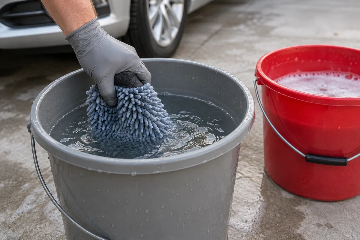 Best car shampoo India wash method with a gloved hand rinsing a microfiber mitt beside a separate wash bucket