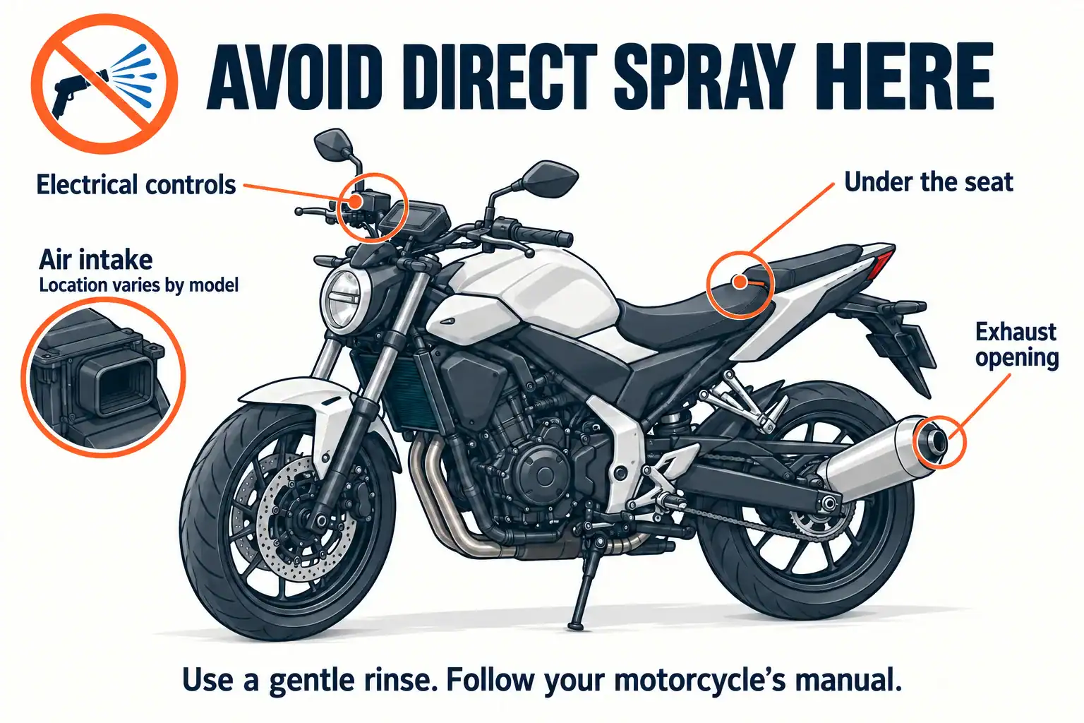 Illustration of a motorcycle with direct-spray warnings at the electrical controls, exhaust opening and under-seat area, plus a separate air-intake inset whose location varies by model.