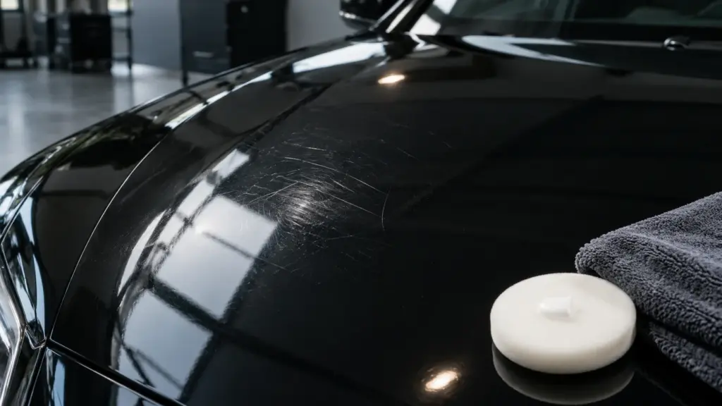 Best car scratch removers in India guide showing light clear-coat scratches beside an applicator and microfiber towel